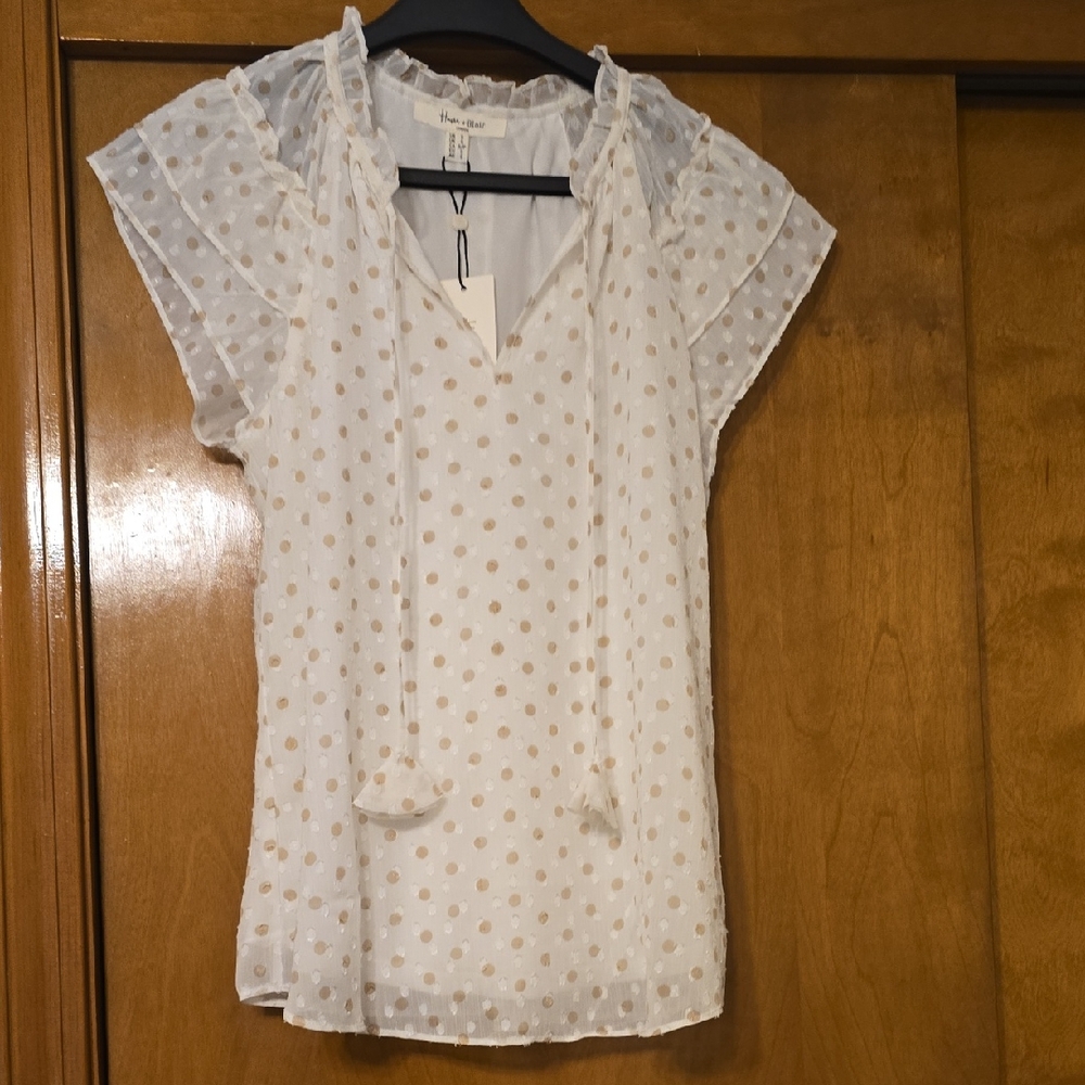 Light Cream Blouse with Gold Polka Dots and Tie Neck